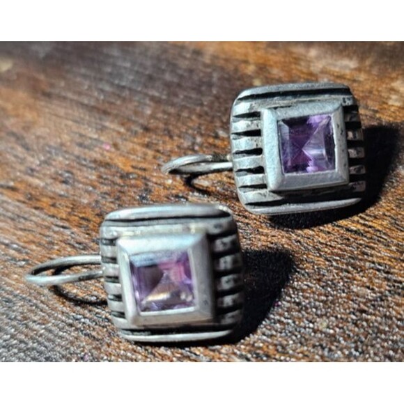 VTG Amethyst Square Stone 925 Sterling Silver Drop Dangle Earrings 1"L x 5/8"W - Picture 7 of 7